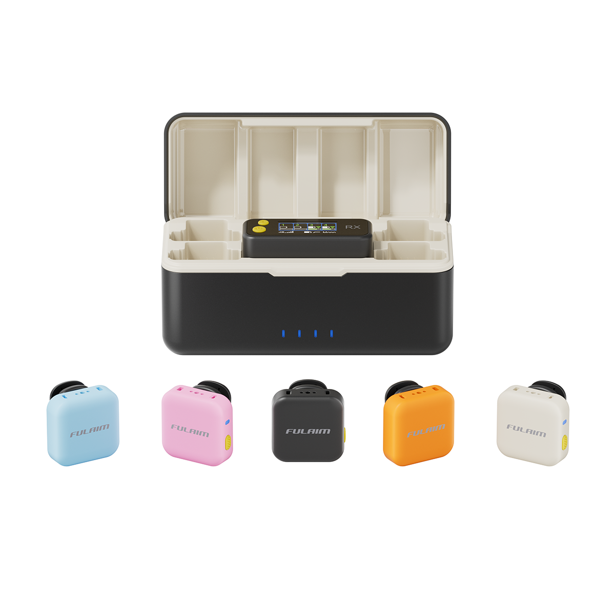 FULAIM X6Q wireless microphone available in black, blue, pink, orange, and white color options