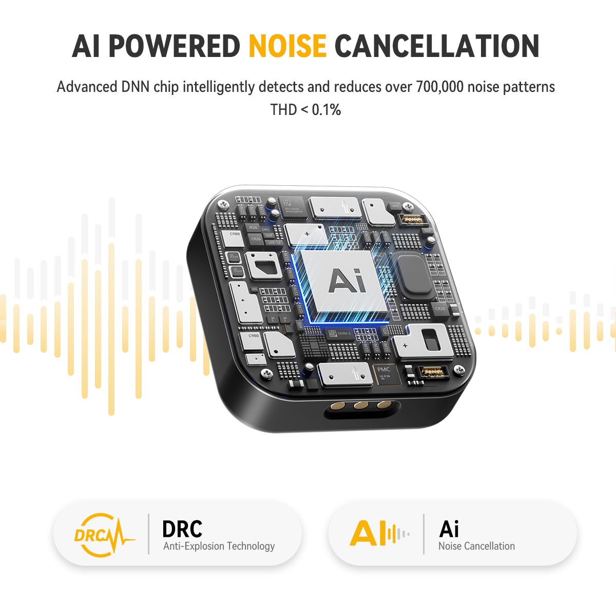 Wireless microphone transmitter showing AI chip for advanced noise reduction and DRC anti-distortion