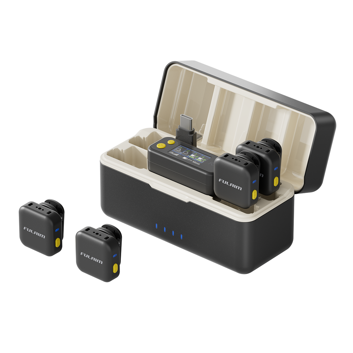 FULAIM X6Q wireless lavalier microphone system with charging case, receiver, and four transmitters
