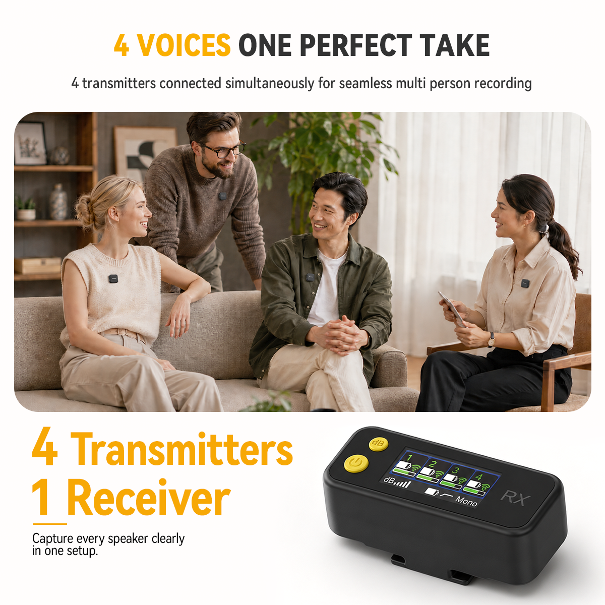 Multi-person recording with four transmitters connected to one receiver for clear audio capture