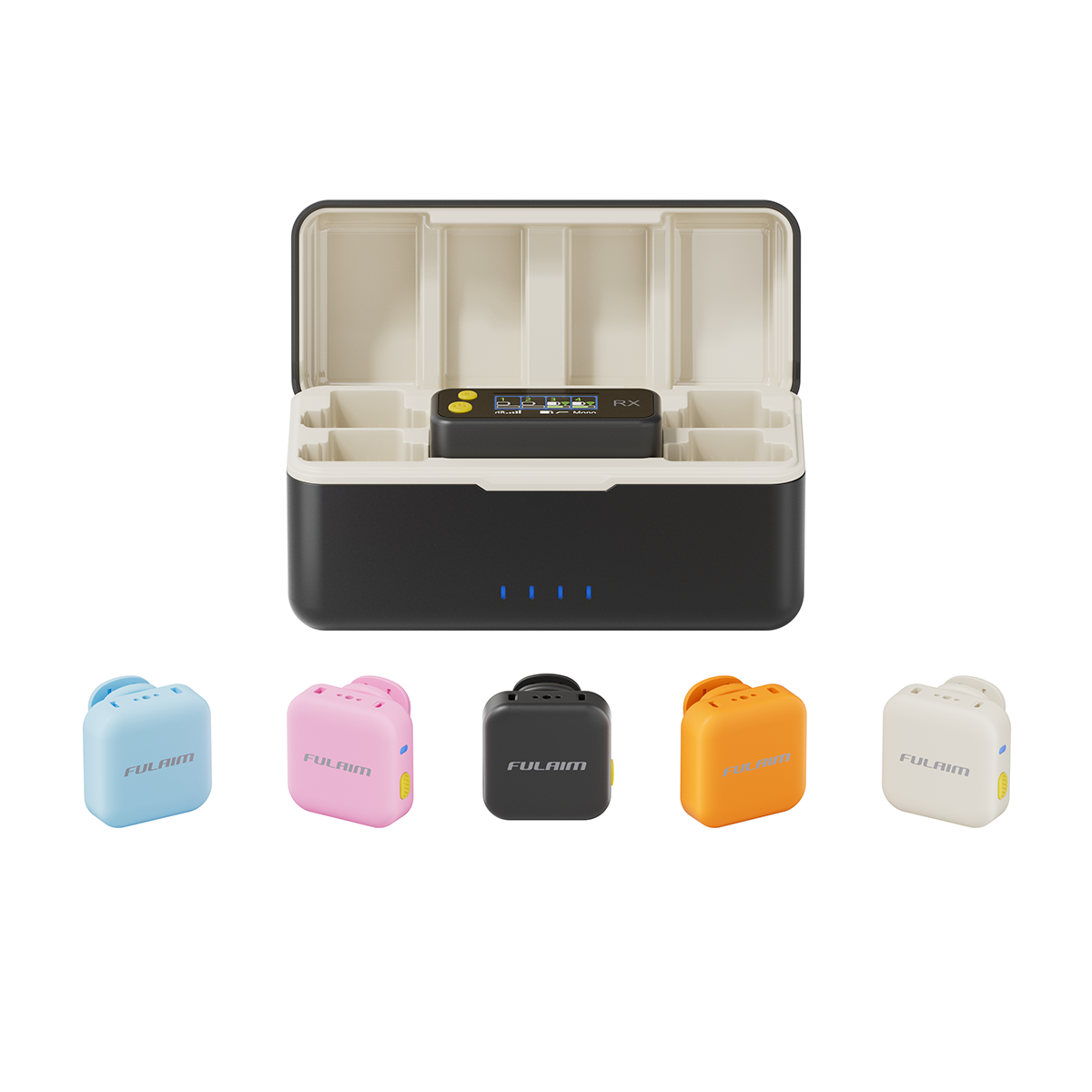 FULAIM X6Q wireless microphone available in black, blue, pink, orange, and white color options