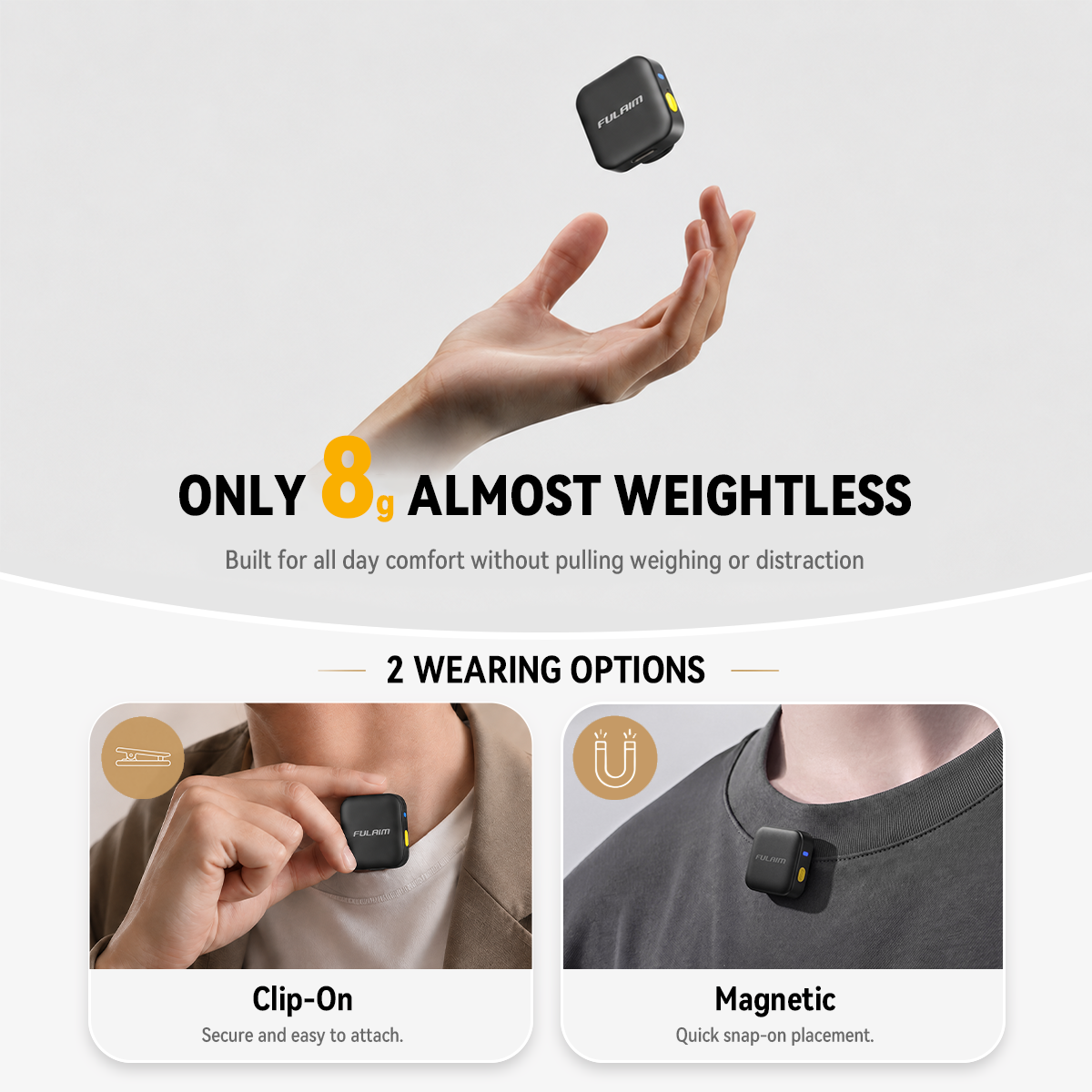 Small 8g wireless lavalier microphone with clip-on and magnetic options for comfortable all-day wear