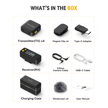 Box includes 4 transmitters, 4 magnetic clips, 1 receiver, 1 USB-C adapter, 3.5mm cable, charging case, windscreens, and user manual