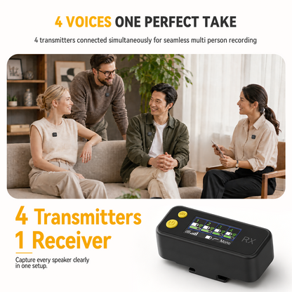 Multi-person recording with four transmitters connected to one receiver for clear audio capture