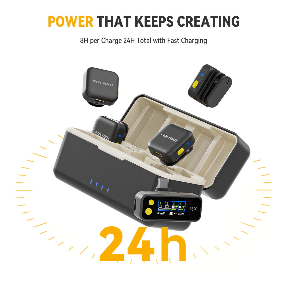 FULAIM X6Q wireless microphone charging case provides up to 24 hours of total battery life