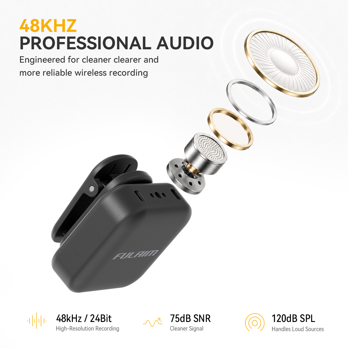 Lavalier microphone with high-resolution 48kHz/24Bit recording, 75dB SNR, and 120dB SPL handling