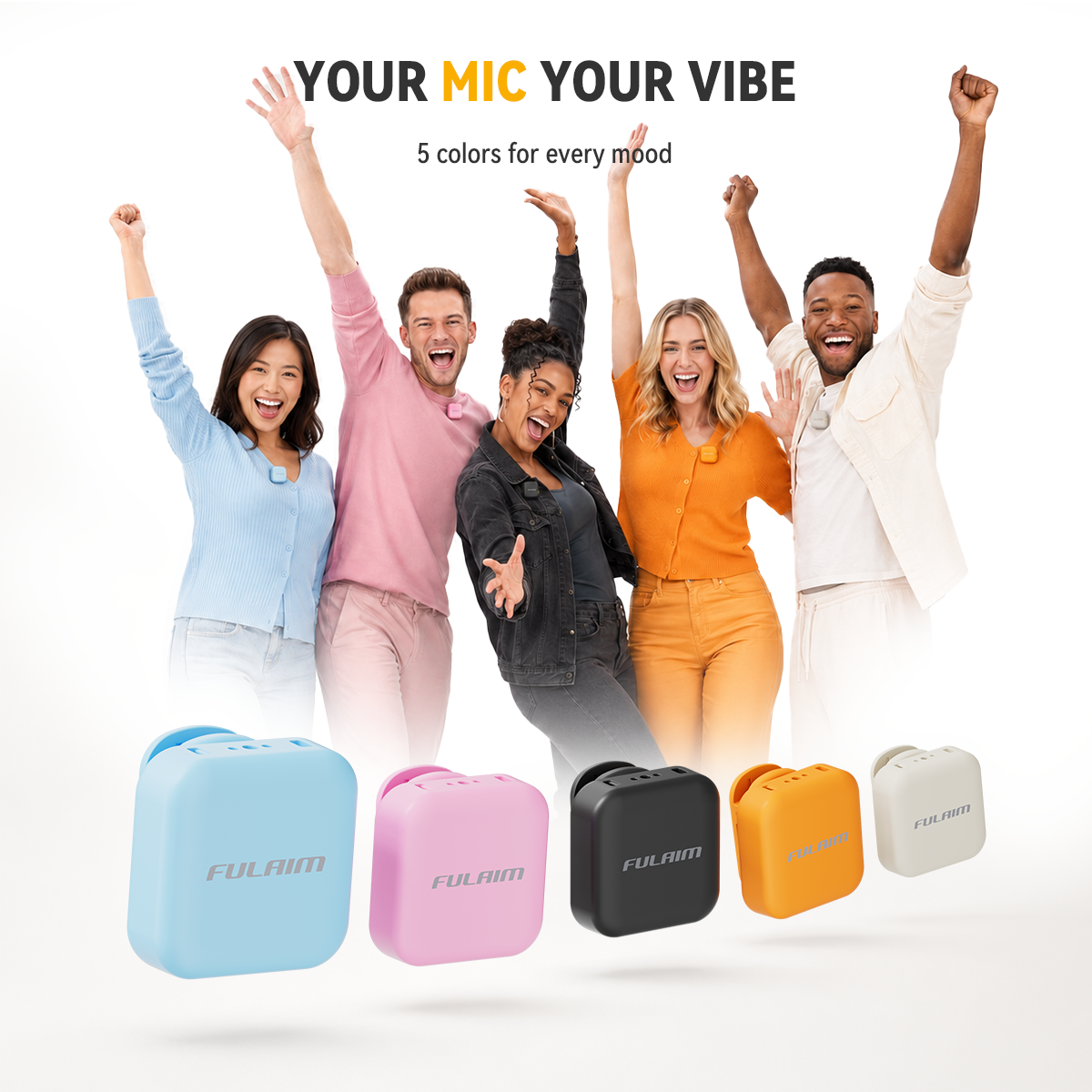 Creators using colorful FULAIM X6Q wireless microphones in five different color options